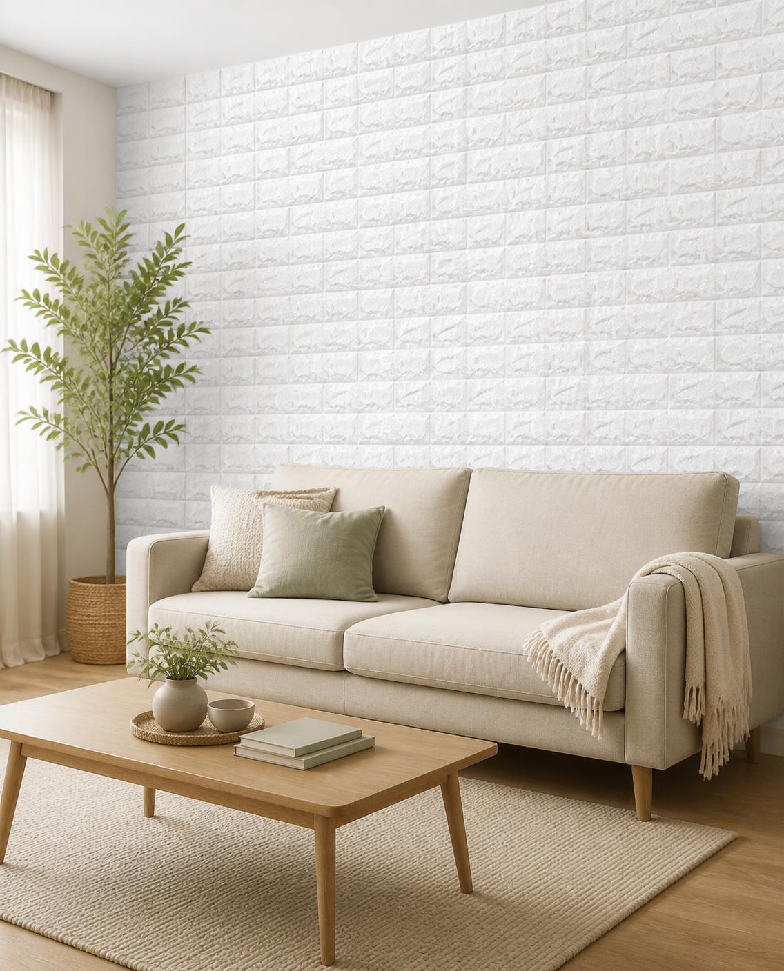 Briques 3D blanches — Papier peint adhésif en mousse, rouleau 70 cm