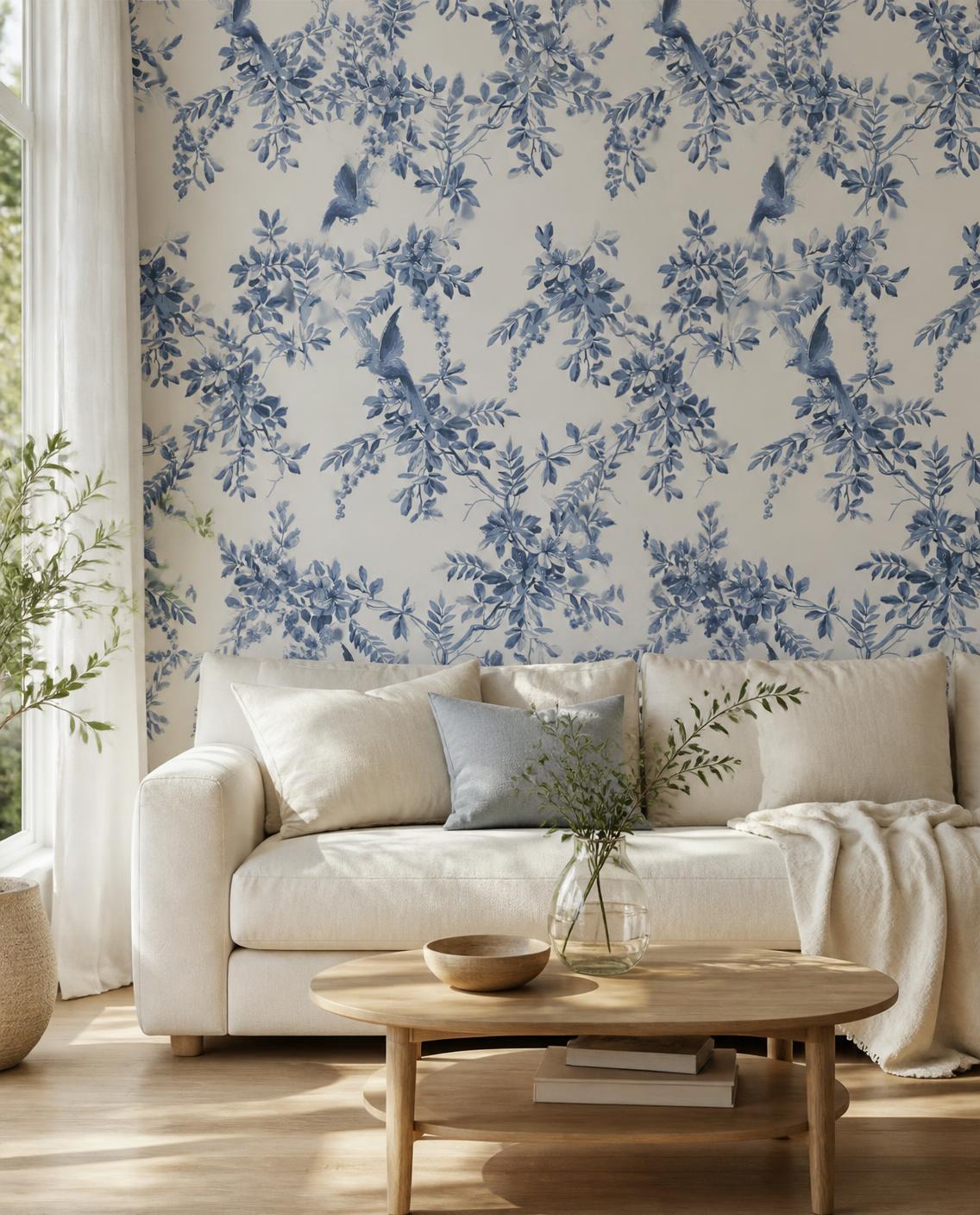 Toile de Jouy oiseaux bleu — Papier peint adhésif en rouleau 44 cm