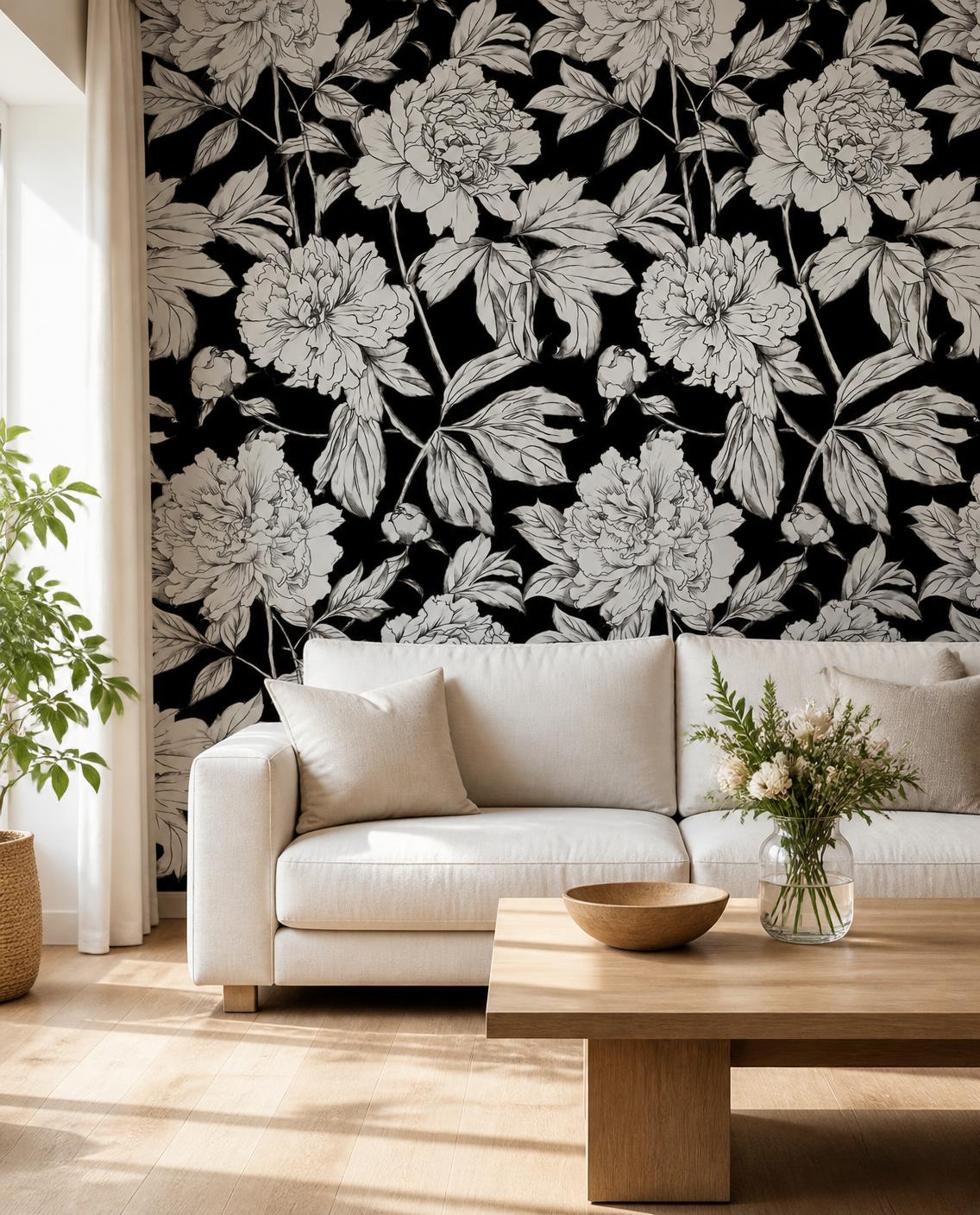 Floral rétro noir et blanc — Papier peint adhésif en rouleau 44 cm