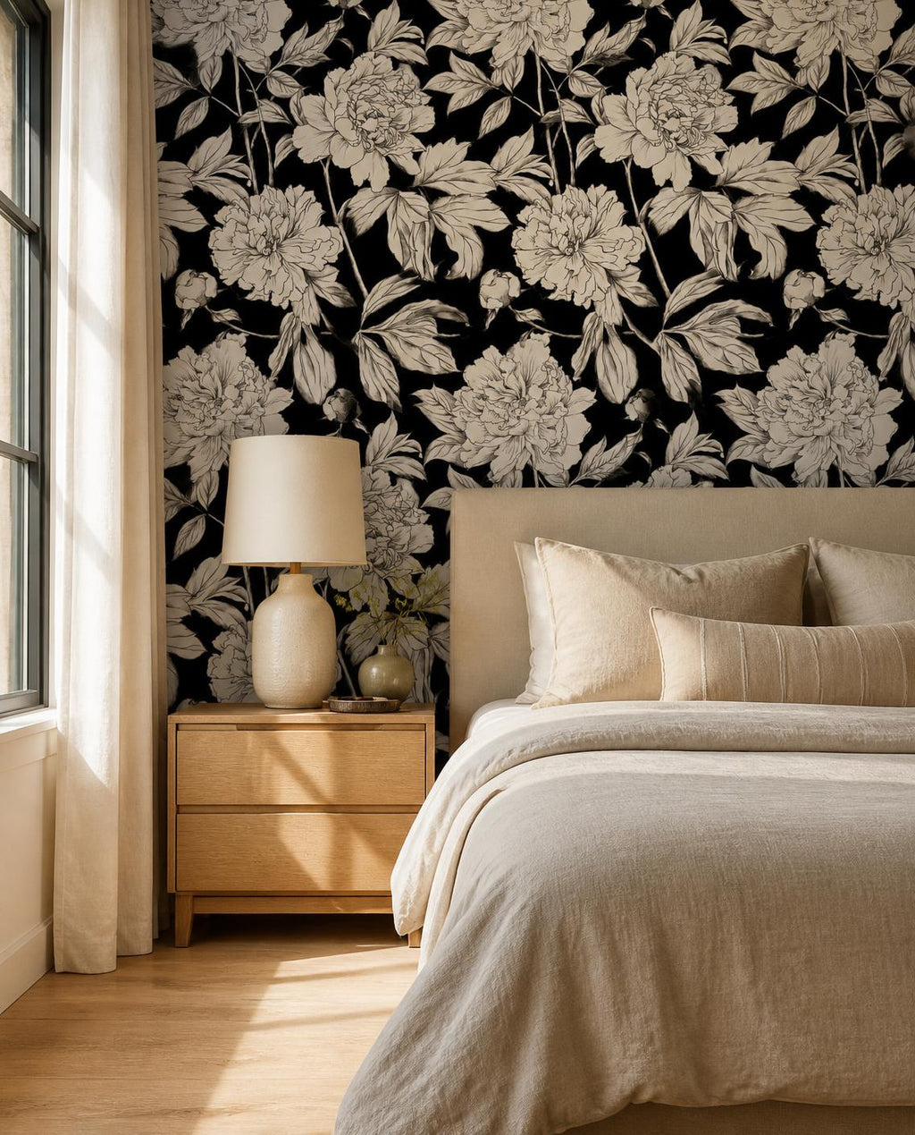 Floral rétro noir et blanc — Papier peint adhésif en rouleau 44 cm