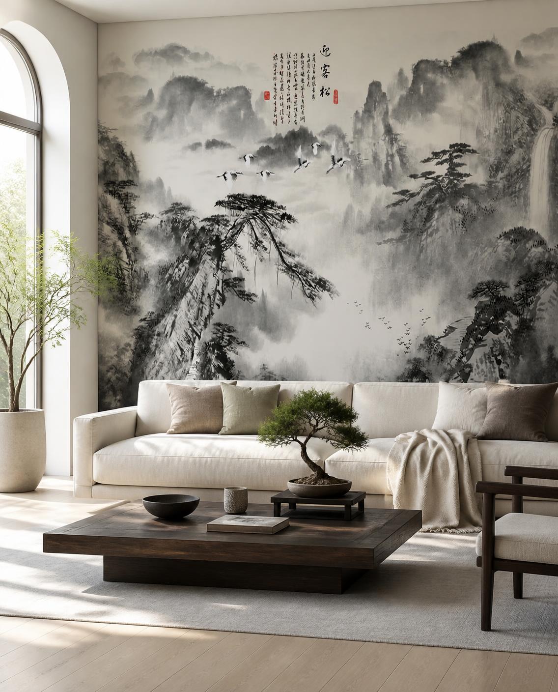 Cascades à l'encre — Papier peint panoramique sur mesure