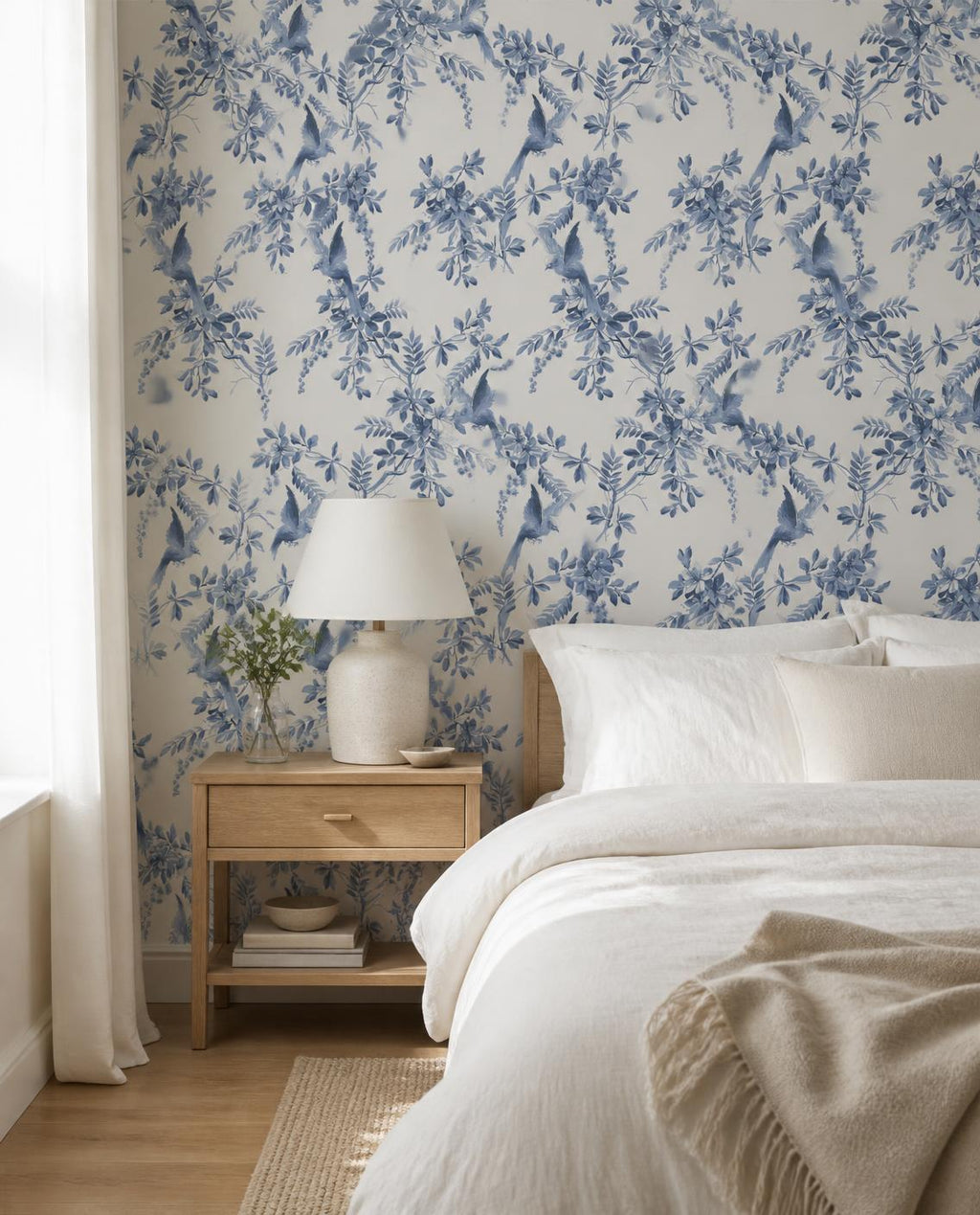 Toile de Jouy oiseaux bleu — Papier peint adhésif en rouleau 44 cm